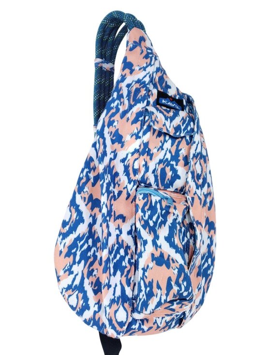 Kavu Handbags - Kavu Rope Sling Bag Blue & Peach Abstract Print Crossbody With Adjustable Strap
